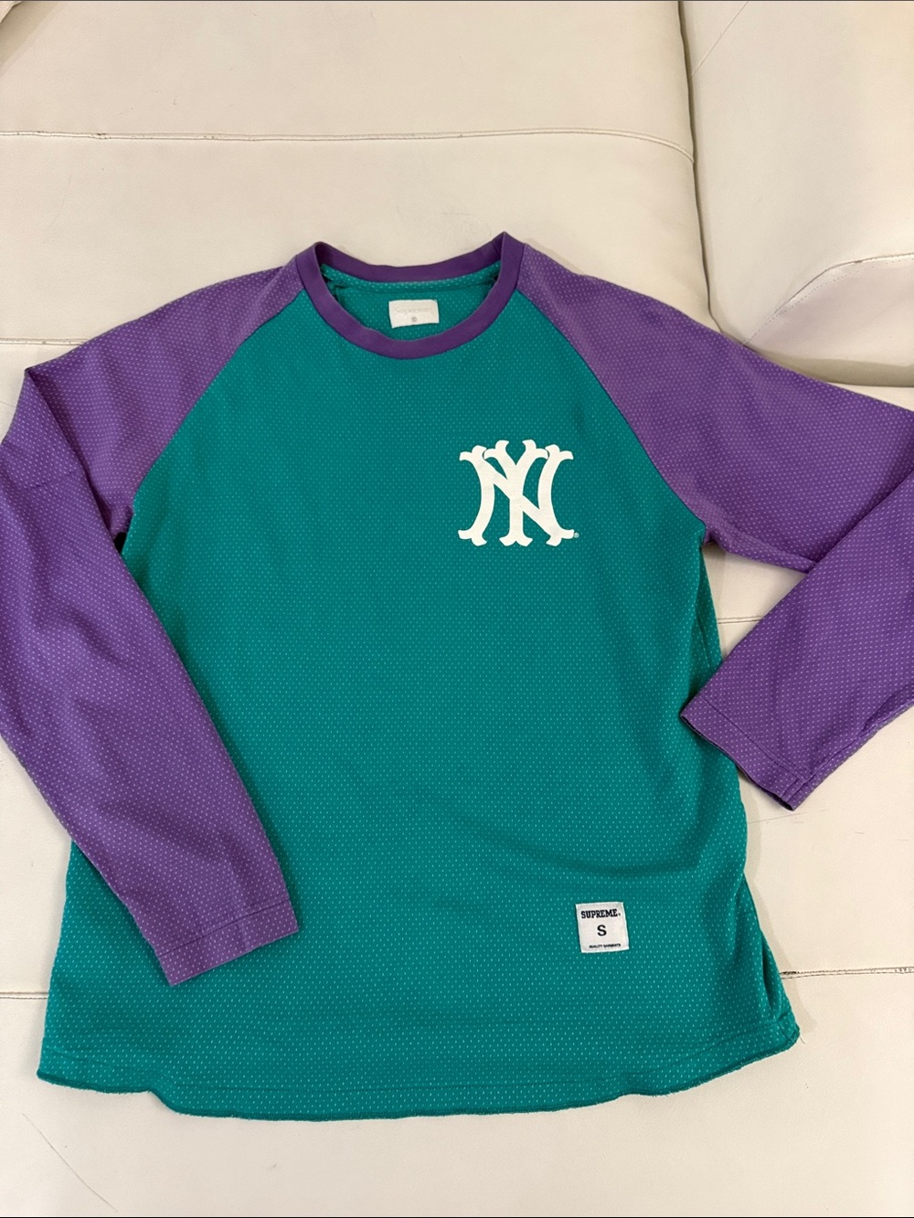 NY Bones Supreme Logo Long Sleeve Raglan Tee - Teal & Purple small